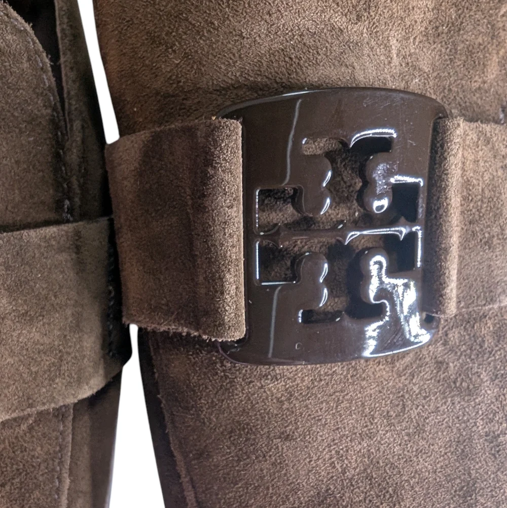 Tory Burch Brown Suede Logo Buckle Mules